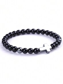 1 件 6 毫米非洲檀香火山石地图石寿山石十字架串珠手链男士 - 黑膽石長十字 - 查看 5