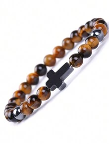 1 件 6 毫米非洲檀香火山石地图石寿山石十字架串珠手链男士 - 黑膽石長十字 - 查看 6