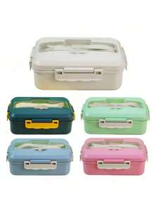 1pc Bento Box Lunch Box With Fork And Spoon, Home Use Meal Prep Container, Microwave Safe For Students And Working Adults