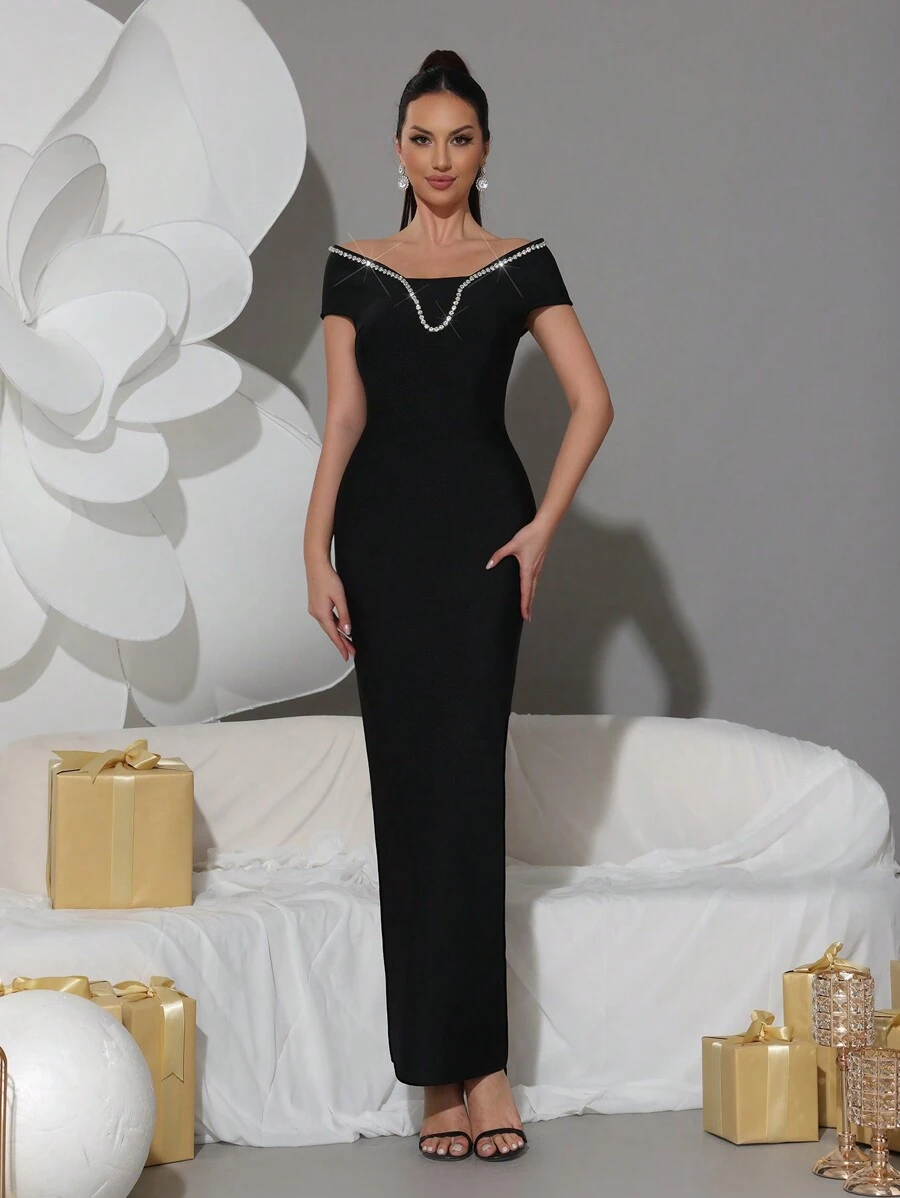 Modphy Váy bó sát bodycon maxi hở vai tay ngắn đính đá đen gợi cảm mới dành cho nữ, thanh lịch cho tiệc cưới, tiệc sinh nhật, váy dạ hội trang trọng ngày lễ, váy dự tiệc cưới, váy dạ hội - màu đen - Xem 1