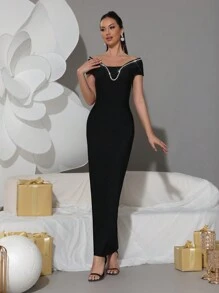 Modphy Váy bó sát bodycon maxi hở vai tay ngắn đính đá đen gợi cảm mới dành cho nữ, thanh lịch cho tiệc cưới, tiệc sinh nhật, váy dạ hội trang trọng ngày lễ, váy dự tiệc cưới, váy dạ hội - màu đen - Xem 2