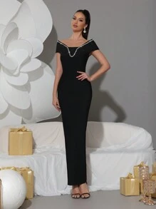 Modphy Váy bó sát bodycon maxi hở vai tay ngắn đính đá đen gợi cảm mới dành cho nữ, thanh lịch cho tiệc cưới, tiệc sinh nhật, váy dạ hội trang trọng ngày lễ, váy dự tiệc cưới, váy dạ hội - màu đen - Xem 5