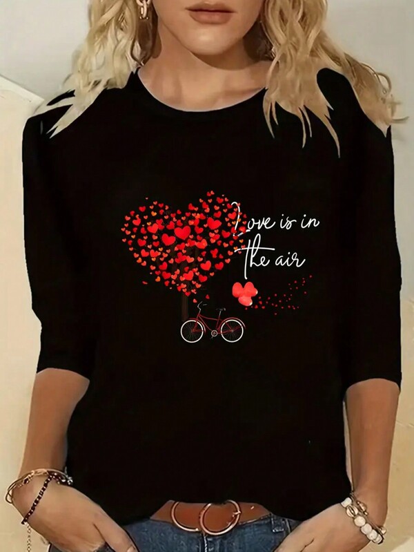 Mit "Voller Liebe" Aufdruck, Lässig schwarzes Langarm-T-Shirt für den täglichen Gebrauch, geeignet für Herbst und Winter Damenmode