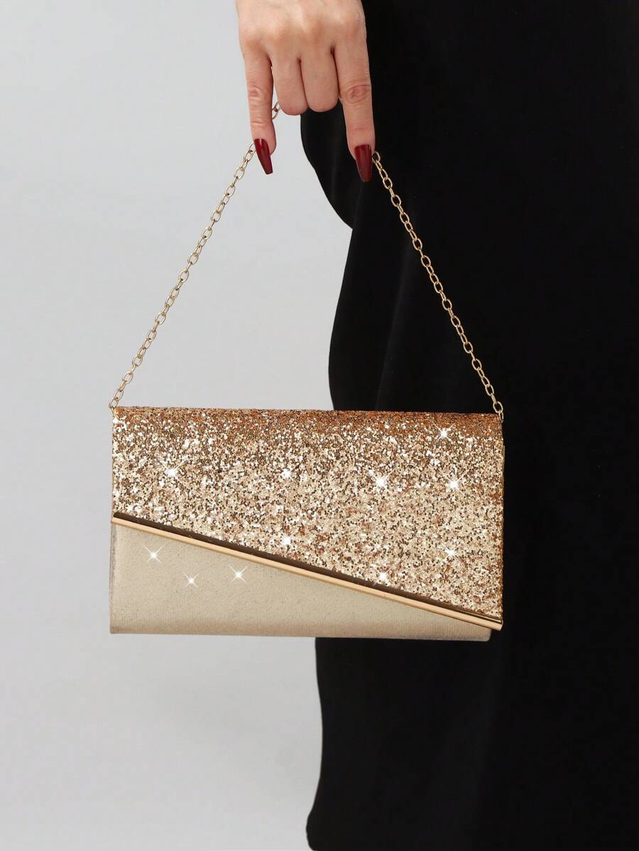1 chiếc túi cầm tay dạ hội đính sequin lấp lánh dành cho nữ có trang trí bằng kim loại, thích hợp cho đám cưới, dạ hội, hộp đêm, tiệc tùng, quà tặng sinh nhật và ngày lễ tình nhân