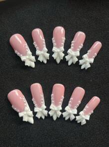 10 Pieces Of Pure Handmade Armor,Press On Nails,Nail Supplies,Nails Ptess On,Beach Essentials, 33mm Almond Shape, The Nail Piece With The Theme Of Pink, The Nail Piece Inlaid With White Three-Dimensional Bow Decoration, The Overall Simple And Generous, Suitable For Daily Leisure And Entertainment, Worn When Going Out On A Date, The Nail Piece Is Convenient To Wear And Can Be Worn Repeatedly.
