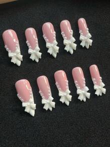 10 Pieces Of Pure Handmade Armor,Press On Nails,Nail Supplies,Nails Ptess On,Beach Essentials, 33mm Almond Shape, The Nail Piece With The Theme Of Pink, The Nail Piece Inlaid With White Three-Dimensional Bow Decoration, The Overall Simple And Generous, Suitable For Daily Leisure And Entertainment, Worn When Going Out On A Date, The Nail Piece Is Convenient To Wear And Can Be Worn Repeatedly.