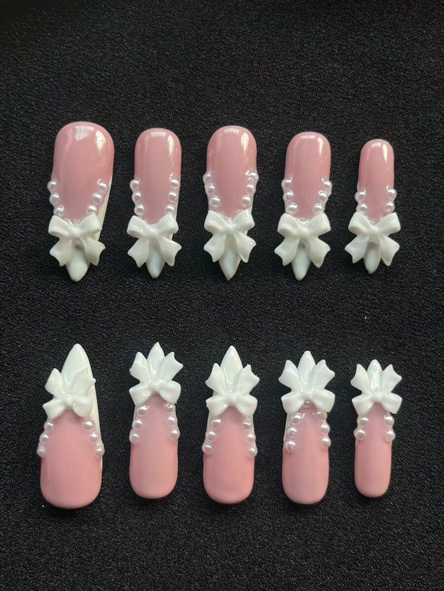 10 Pieces Of Pure Handmade Armor,Press On Nails,Nail Supplies,Nails Ptess On,Beach Essentials, 33mm Almond Shape, The Nail Piece With The Theme Of Pink, The Nail Piece Inlaid With White Three-Dimensional Bow Decoration, The Overall Simple And Generous, Suitable For Daily Leisure And Entertainment, Worn When Going Out On A Date, The Nail Piece Is Convenient To Wear And Can Be Worn Repeatedly.