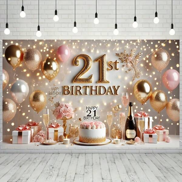 1pc 21st Birthday Party Banner, Polyester, Sparkling Gold & Pink Balloons, Champagne Design, Multipurpose Indoors & Outdoor Decor, No Electricity Required
