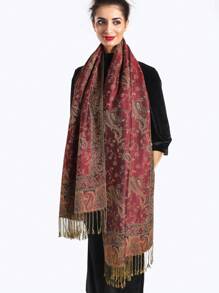 1件装女士多色复古提花佩斯利波西米亚风长流苏防风大披肩围巾，适合日常外出旅行及搭配连衣裙 - 紅色 - 查看 3