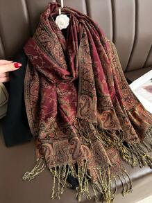 1件装女士多色复古提花佩斯利波西米亚风长流苏防风大披肩围巾，适合日常外出旅行及搭配连衣裙 - 紅色 - 查看 5