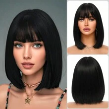 Black Wig Short Bob Wig Women Short Straight Hair Natural Look Costume Wig With Bangs Soft Natural Synthetic Heat Resistant Wig For Party Cosplay Halloween Christmas Wig Carnival 12 Inch Easily Wear