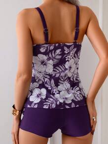 2 Pcs Floral Print Tankini Top And Board Shorts Swimwear Athletic Set, For Summer Beach Vacation - Purple - View 2