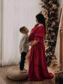 Maternity Button Puff Sleeve Floor Length Dress, Photography Dress - Burgundy - View 1