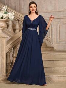 MIUSOL Vestido de noche con cuello en V profundo, mangas con diseño de mariposa, doblez y pliegues en el ruedo, para fiesta, invitada de boda o evento formal