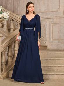 MIUSOL Vestido de noche con cuello en V profundo, mangas con diseño de mariposa, doblez y pliegues en el ruedo, para fiesta, invitada de boda o evento formal