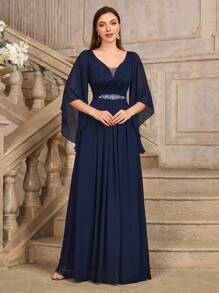 MIUSOL Vestido de noche con cuello en V profundo, mangas con diseño de mariposa, doblez y pliegues en el ruedo, para fiesta, invitada de boda o evento formal
