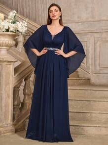 MIUSOL Vestido de noche con cuello en V profundo, mangas con diseño de mariposa, doblez y pliegues en el ruedo, para fiesta, invitada de boda o evento formal