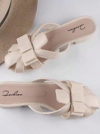 女式蝴蝶結細節PVC拖鞋，開放式鞋頭，中空設計，平底厚底，時尚多用途室內外防滑半拖鞋