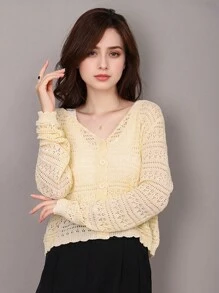 1pc Women Loose V-Neck Hollow Knit Shrug Cover Up, Versatile Long Sleeve Lightweight Ice Silk Sun Protection Kimono Outwear - Multicolor - View 11