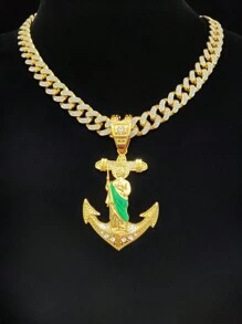 3 Style Options - 1pc 13mm Wide Rhine Stone Cuban Link Chain Necklace + 1pc Saint Jude Pendant, Unisex Retro Hip Hop Necklace, Suitable For Daily Wear Or Party - 金黃色 - 查看 15