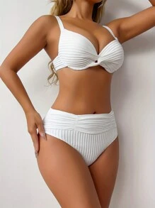 1 Set Solid Color Textured Hard Cup Bikini With Adjustable Shoulder Straps, Simple & Fashionable For Beach, Spa, Pool, Cruise, Casual Daily Wear - White - View 4