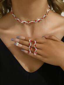 Conjunto de 4 piezas de accesorios de boda de tono dorado con perlas falsas, diamantes de imitación y collar de tachuelas con colgante de circonita cúbica ajustable, gargantilla, brazalete y aretes con elementos de baile