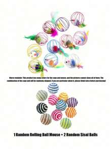 Colorful Feather Painted Iron Cage Pet Cat Toys - Realistic Mouse Shaped Rollers And Caged Mice, Interactive Toys For Cats