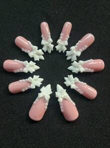 10 Pieces Of Pure Handmade Armor,Press On Nails,Nail Supplies,Nails Ptess On,Beach Essentials, 33mm Almond Shape, The Nail Piece With The Theme Of Pink, The Nail Piece Inlaid With White Three-Dimensional Bow Decoration, The Overall Simple And Generous, Suitable For Daily Leisure And Entertainment, Worn When Going Out On A Date, The Nail Piece Is Convenient To Wear And Can Be Worn Repeatedly.