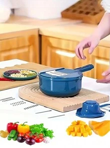 12pcs Blue Circular Vegetable Slicer, Multifunctional Fruit Slicer, Manual Food Grinder, Vegetable Grinding Machine, Cutter With Container, 6-blade Potato Grinder, Home Potato Slicer, Kitchen Gadget