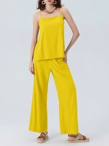 Women's Summer Outfits Solid Color Sleeveless Cami Tops With Loose Wide Leg Pants 2 Pcs Set - Yellow - View 4