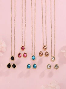 1 Bộ dây chuyền và hoa tai bằng thép không gỉ hình giọt nước pha lê phong cách Pháp sang trọng thanh lịch, phù hợp cho phụ nữ đeo khi đi dự tiệc hoặc đi làm, cũng như làm quà tặng ngày lễ tình nhân - Vàng - Xem 1