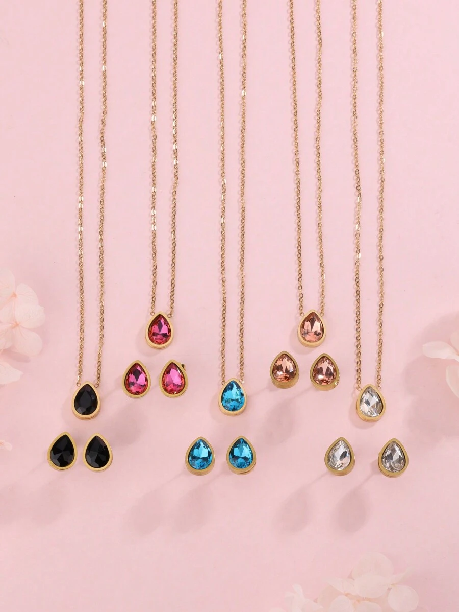 1 Bộ dây chuyền và hoa tai bằng thép không gỉ hình giọt nước pha lê phong cách Pháp sang trọng thanh lịch, phù hợp cho phụ nữ đeo khi đi dự tiệc hoặc đi làm, cũng như làm quà tặng ngày lễ tình nhân - Vàng - Xem 1