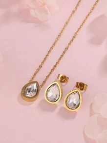 1 Bộ dây chuyền và hoa tai bằng thép không gỉ hình giọt nước pha lê phong cách Pháp sang trọng thanh lịch, phù hợp cho phụ nữ đeo khi đi dự tiệc hoặc đi làm, cũng như làm quà tặng ngày lễ tình nhân - Vàng - Xem 6
