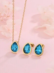 1 Bộ dây chuyền và hoa tai bằng thép không gỉ hình giọt nước pha lê phong cách Pháp sang trọng thanh lịch, phù hợp cho phụ nữ đeo khi đi dự tiệc hoặc đi làm, cũng như làm quà tặng ngày lễ tình nhân - Vàng - Xem 4
