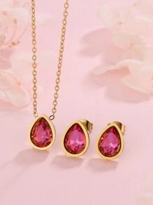 1 Bộ dây chuyền và hoa tai bằng thép không gỉ hình giọt nước pha lê phong cách Pháp sang trọng thanh lịch, phù hợp cho phụ nữ đeo khi đi dự tiệc hoặc đi làm, cũng như làm quà tặng ngày lễ tình nhân - Vàng - Xem 3