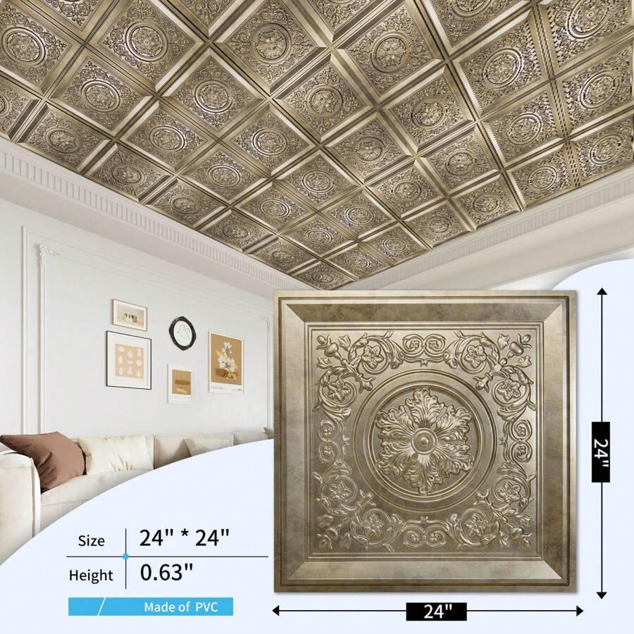 Art3d 12pcs 3D PVC Ceiling Tiles,Vintage Style Drop In Ceiling Tile For Home Decor,Living Room,Bedroom, Hotel, Office,Waterproof,Fire-Rated,2'x2',48sqft - Vàng cổ - Xem 1
