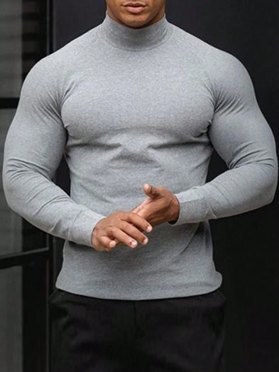 Men's Solid Color Minimalist Crew Neck Long Sleeve T-Shirt, Casual Daily Wear - Light Grey - View 1