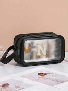 Bolsas de aseo con letra de la A a la Z, de moda y sencillas, tanto para hombres como para mujeres. Bolsas cosméticas impermeables y transparentes de tamaño de cuarto de galón para viajes, aptas para ambos sexos, se pueden llevar en avión y regalar como un regalo para tu novia, un neceser de maquillaje para viajar, un organizador de baño, útiles escolares - Negro - Ver 27