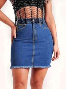 Women's Stretch Denim Skirt High Waisted Bodycon Mini Skirt - Raw Hem Slim Fit Stretchy Jean Skirt With Zip & Button Closure, No Pocket Casual Denim Skirt - 深色水洗藍 - 查看 3
