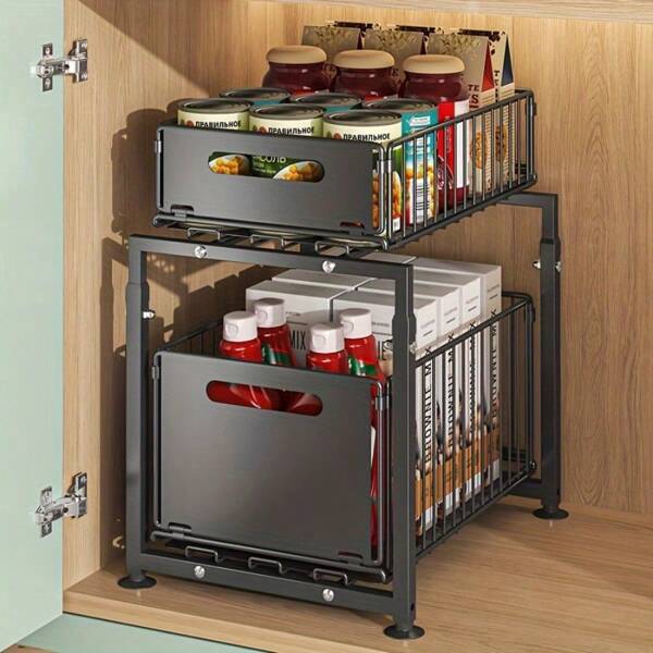 2 Tier Pull Out Storage Rack With Suction Cups, Adjustable Cabinet Built-In Shelf Bathroom Drawer Organizer For Kitchen, Bathroom, Etc.
