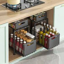 2 Tier Pull Out Storage Rack With Suction Cups, Adjustable Cabinet Built-In Shelf Bathroom Drawer Organizer For Kitchen, Bathroom, Etc.
