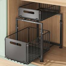 2 Tier Pull Out Storage Rack With Suction Cups, Adjustable Cabinet Built-In Shelf Bathroom Drawer Organizer For Kitchen, Bathroom, Etc.