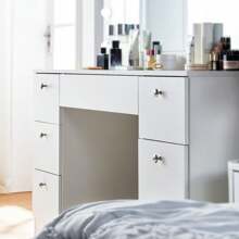 CLIPOP Schminktisch mit Beleuchtung, Spiegel und gepolstertem Hocker, 3 farblich einstellbare LED-Leuchten, 7 Schubladen, großer Schminktisch, Mädchen, Schlafzimmer Weiß  117x40x135 cm