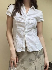 Sunny Girly Summer Women's Y2K College Style Graduation Season Button Design Lapel Casual Cute Pleated Slim Short-Sleeved Shirt Top