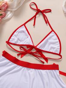 Ning xue yan ying Conjunto de ropa interior sexy de 3 piezas para mujeres que incluye: uniforme de enfermera de cosplay, ropa interior con lazo decorativo, bikini de contraste con parte trasera descubierta, falda corta con encaje y lazo