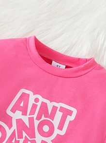 2 Stücke/Set Kleine Mädchen Lässig Strick Buchstaben Muster Kurzarm Rundhals Asymmetrischer Saum Top und Sport Leggings Set, geeignet für täglichen & Outdoor Gebrauch, Frühling/Sommer