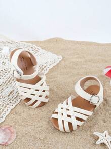 1 双女童编织软底平底罗马风格时尚凉鞋，适合日常穿着 - 米色 - 查看 3