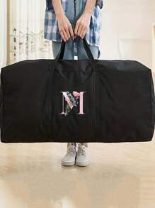 旅行行李袋，旅行袋折叠行李袋，姓名首字母图案大容量储物袋防水防潮行李袋手提包收纳袋，打包袋手提袋，无纺布袋，防潮储物袋，被子衣服储物袋，坚固的超大储物袋，适用于搬家、旅行和宿舍 - 带拉链和加固手柄的行李袋 - 60x40x25cm/23.62x15.74x9.84 英寸卧室配件 - 黑色 - 查看 1