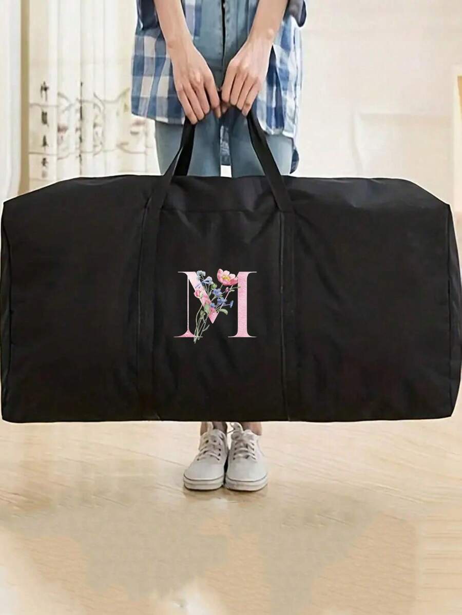 旅行行李袋，旅行袋折叠行李袋，姓名首字母图案大容量储物袋防水防潮行李袋手提包收纳袋，打包袋手提袋，无纺布袋，防潮储物袋，被子衣服储物袋，坚固的超大储物袋，适用于搬家、旅行和宿舍 - 带拉链和加固手柄的行李袋 - 60x40x25cm/23.62x15.74x9.84 英寸卧室配件 - 黑色 - 查看 1