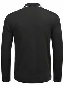 Men's Solid Color Patchwork Front Zipper Casual Long Sleeve Polo Shirt - Black - View 2